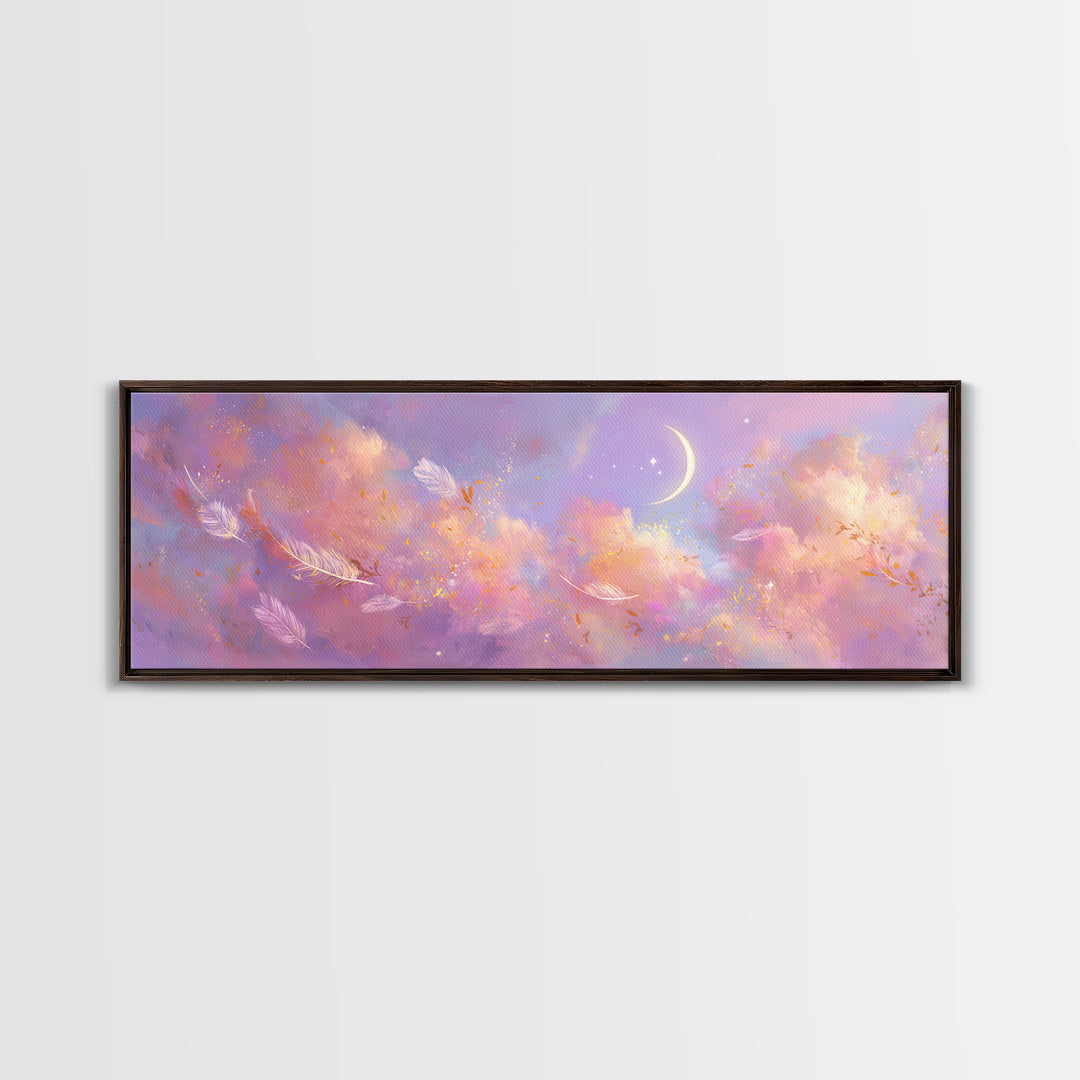 Crescent Moon Feathers In Lavender Sky Wall Art, Celestial Canvas Print, Whimsical Decor, Calming Bedroom Art, Gift For Her