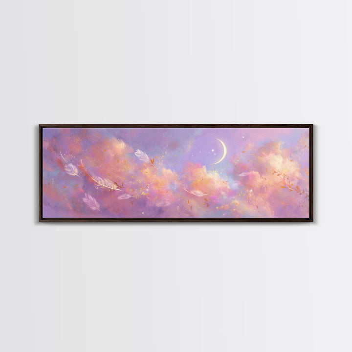 Crescent Moon Feathers In Lavender Sky Wall Art, Celestial Canvas Print, Whimsical Decor, Calming Bedroom Art, Gift For Her