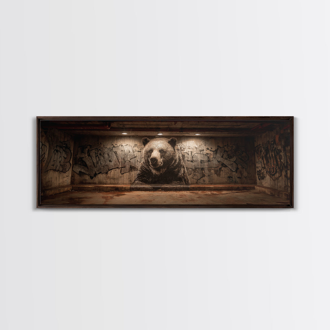 Large Bear Mural On Urban Graffiti Wall In Dimly Lit Space Framed Canvas Print For Statement Wall Art
