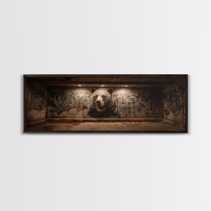 Large Bear Mural On Urban Graffiti Wall In Dimly Lit Space Framed Canvas Print For Statement Wall Art