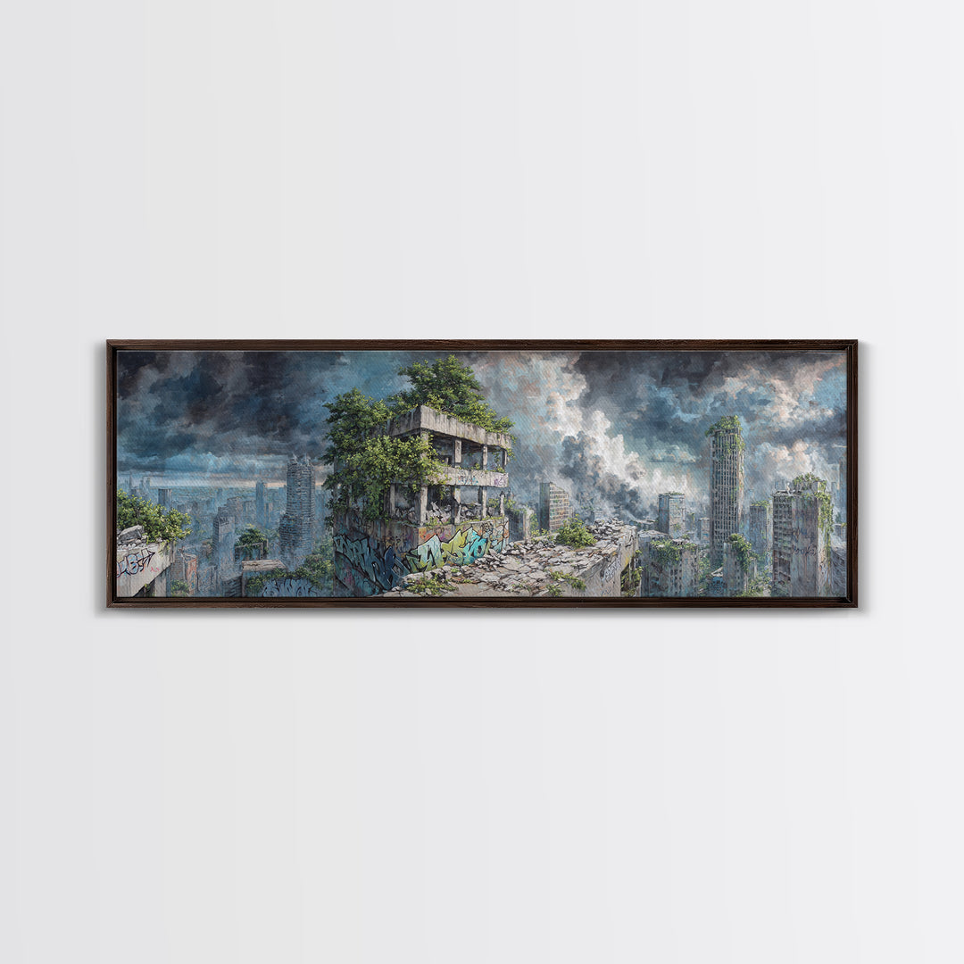Overgrown Ruined City Under Storm Clouds Canvas Print, Post Apocalyptic Wall Art, Futuristic Urban Landscape, Sci Fi Decor