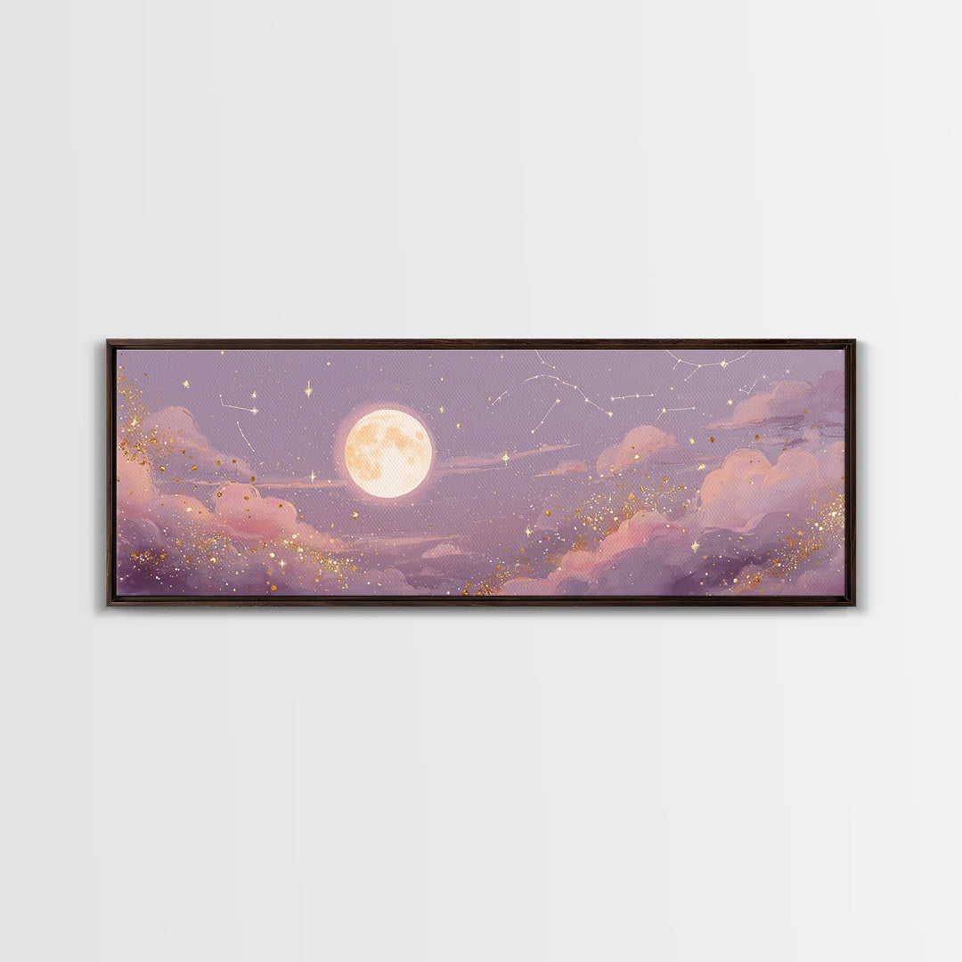 Full Moon Over Pink Clouds And Starry Sky Canvas Print, Celestial Wall Art, Moon Phase Decor, Dreamy Nursery Room Wall Decor