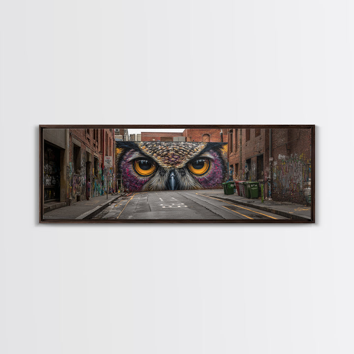 Hyperrealistic Street Mural of Intense Owl Eyes Graffiti Urban Wall Art Framed Canvas Print Bold Contemporary Art for Living Room Decor
