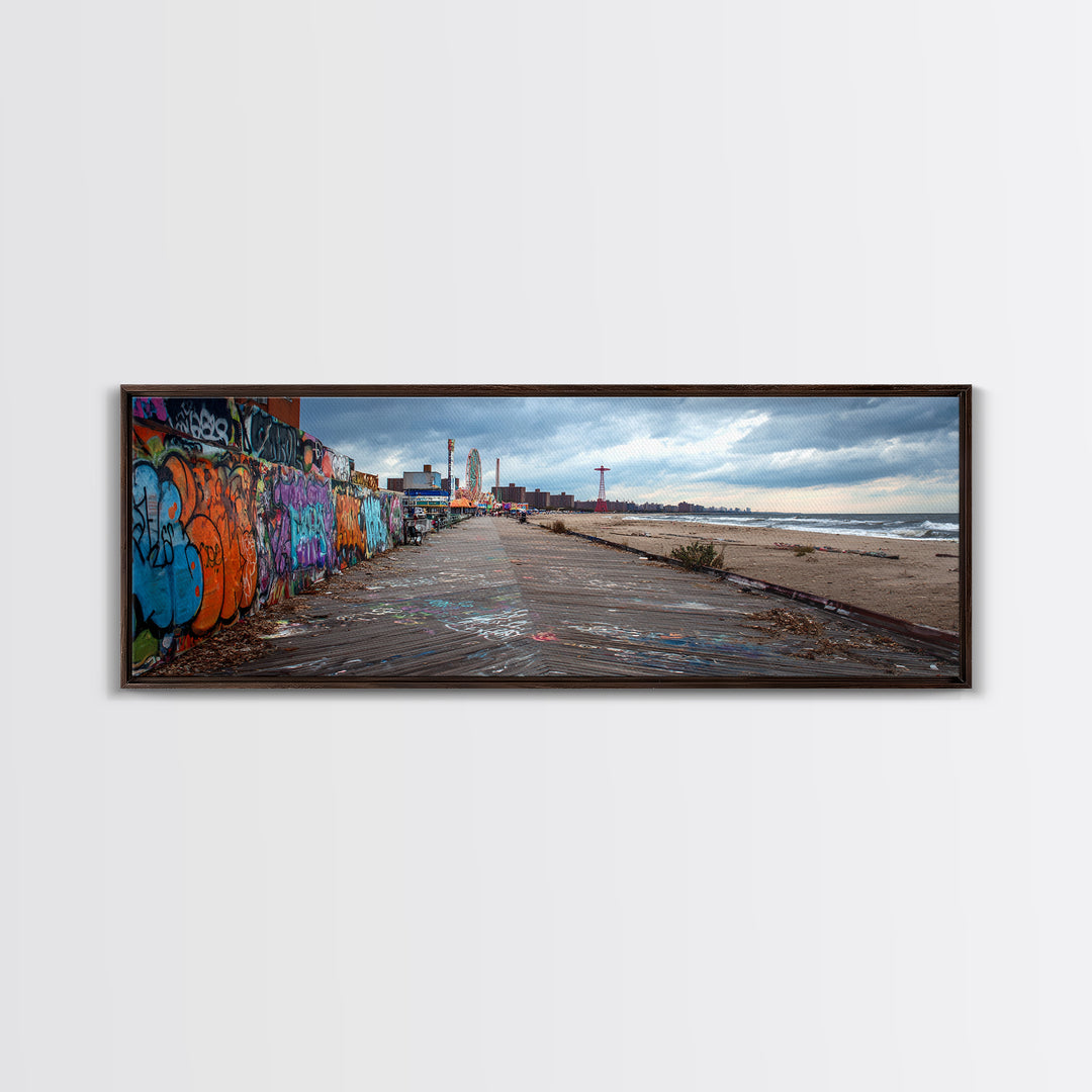 Urban Graffiti Beach Boardwalk Vibrant Street Art Wall Art Coastal Living Room Decor Ocean Scene Canvas Print