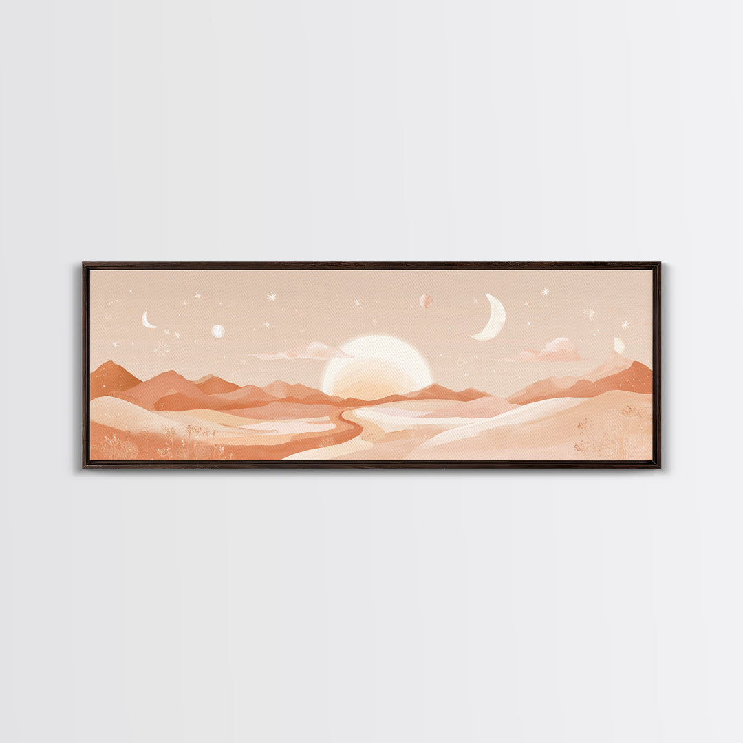 Desert Sunrise With Moon Phases And Terracotta Hills Wall Art, Boho Canvas Print, Southwestern Earth Tone Decor, Nursery Wall Art