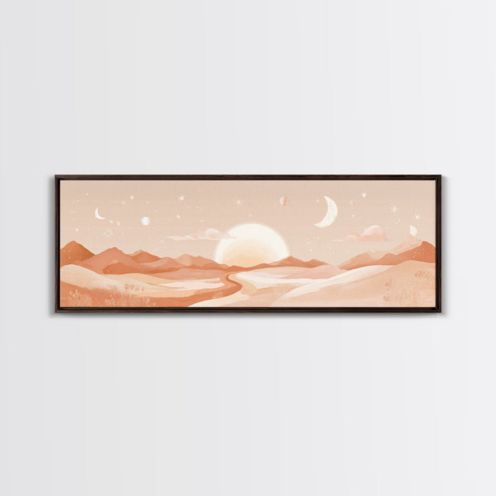Desert Sunrise With Moon Phases And Terracotta Hills Wall Art, Boho Canvas Print, Southwestern Earth Tone Decor, Nursery Wall Art