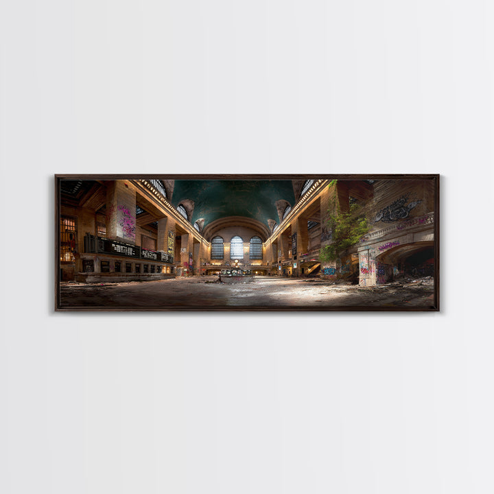 Abandoned Urban Train Station With Graffiti, Nature Reclaiming Space, Moody Decay Landscape Wall Art Canvas Print For Home Decor