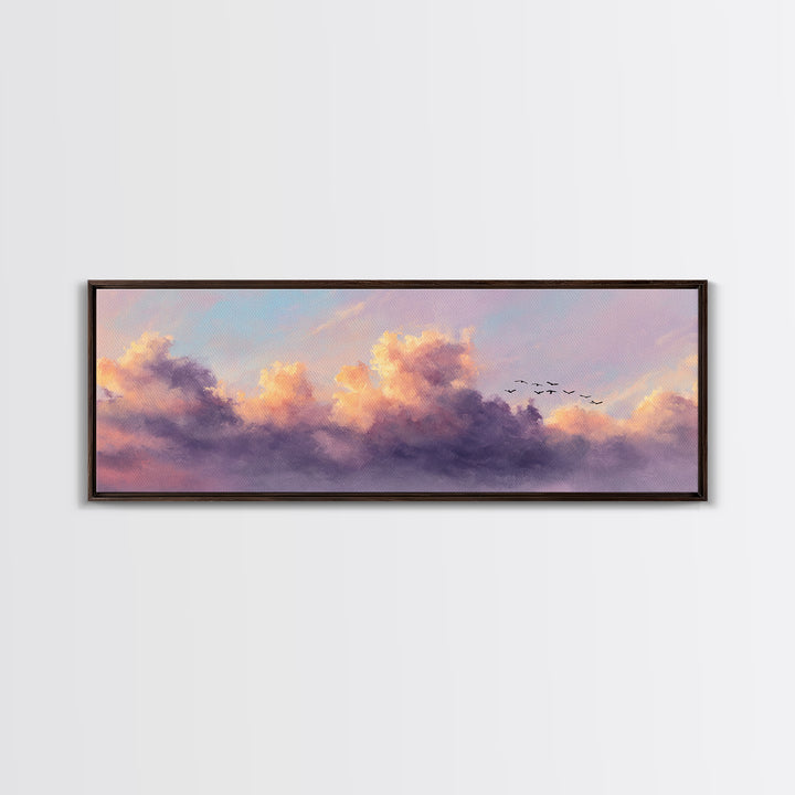 Lavender Sunset Clouds With Flying Birds Wall Art, Pastel Landscape Canvas Print, Calming Bedroom Decor, Living Room Art