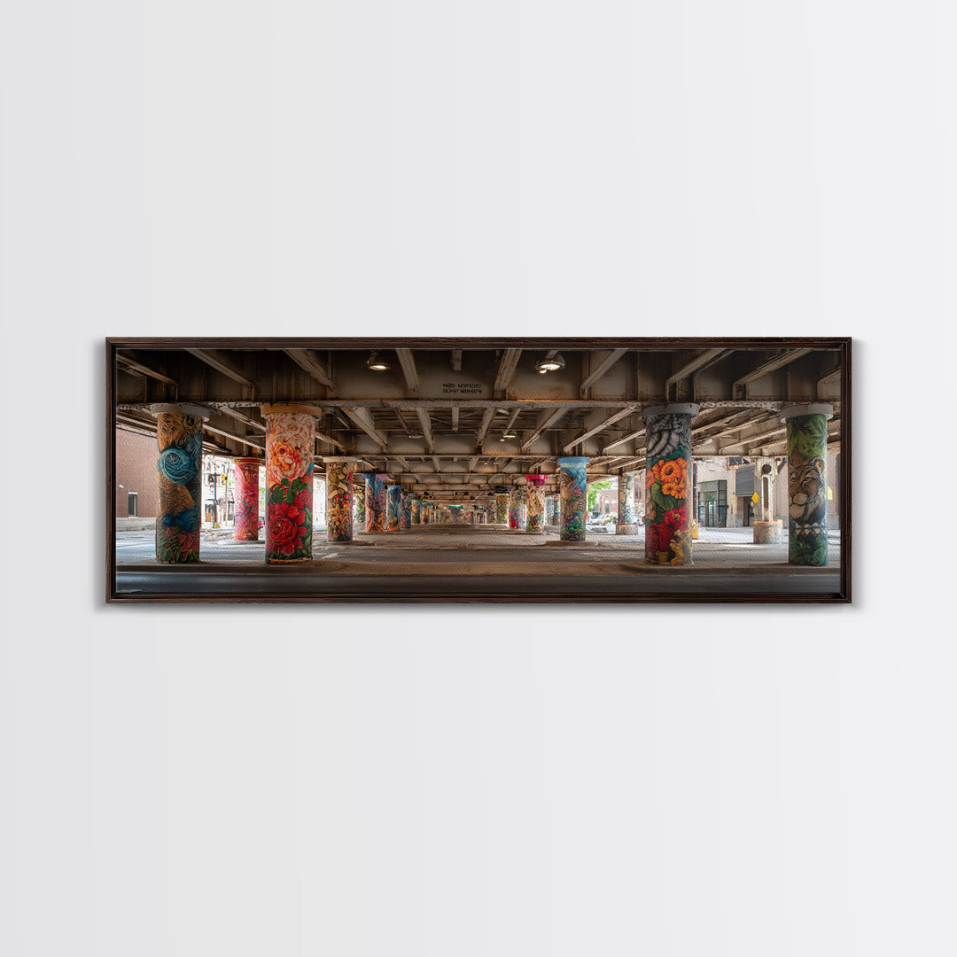 Colorful Graffiti Art On Urban Concrete Pillars Featuring Flowers And Animals Wall Art Vibrant Street Decor Framed Canvas Print