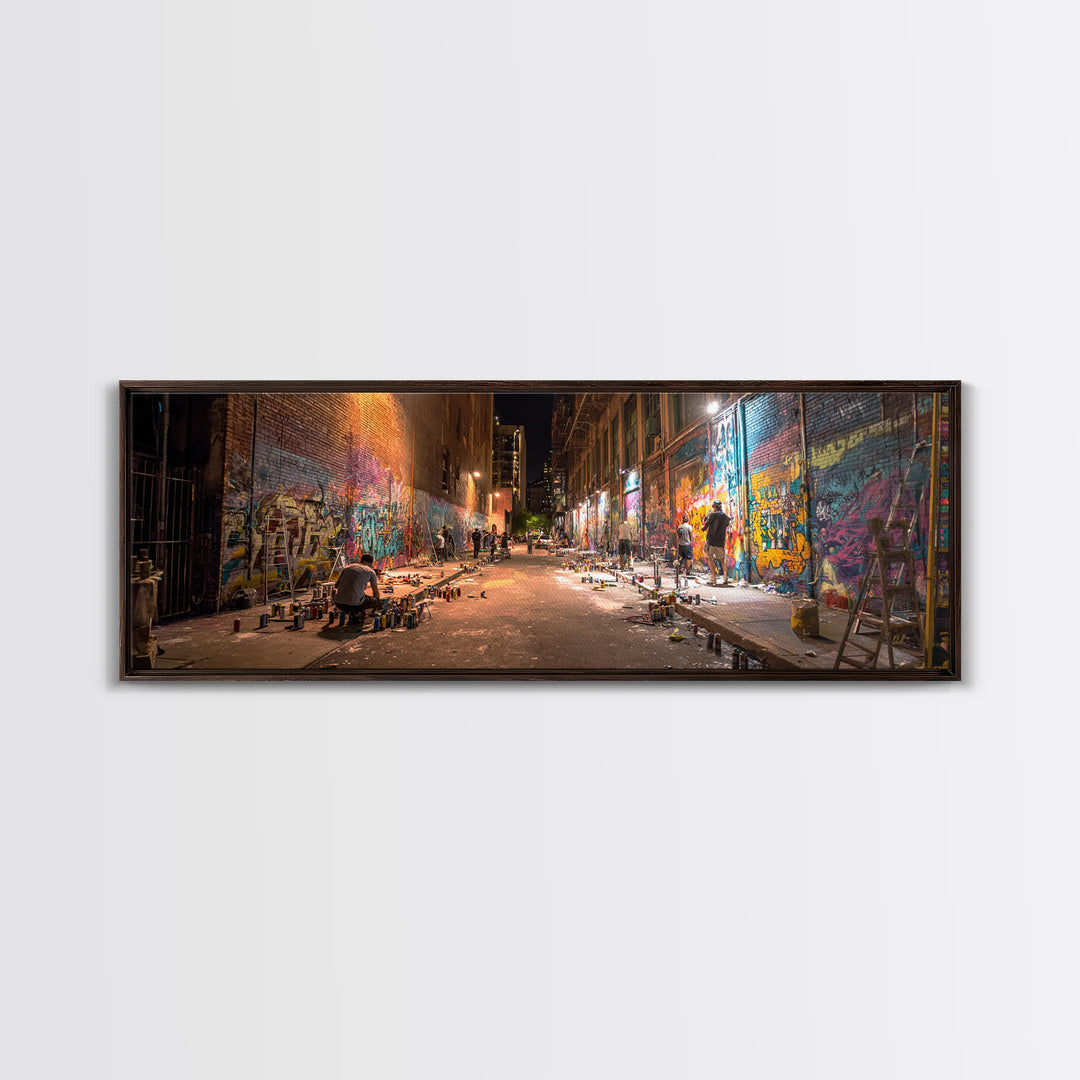 Nighttime Urban Graffiti Alleyway Street Art Scene Vibrant Spray Paint Murals Wall Art Framed Canvas Print