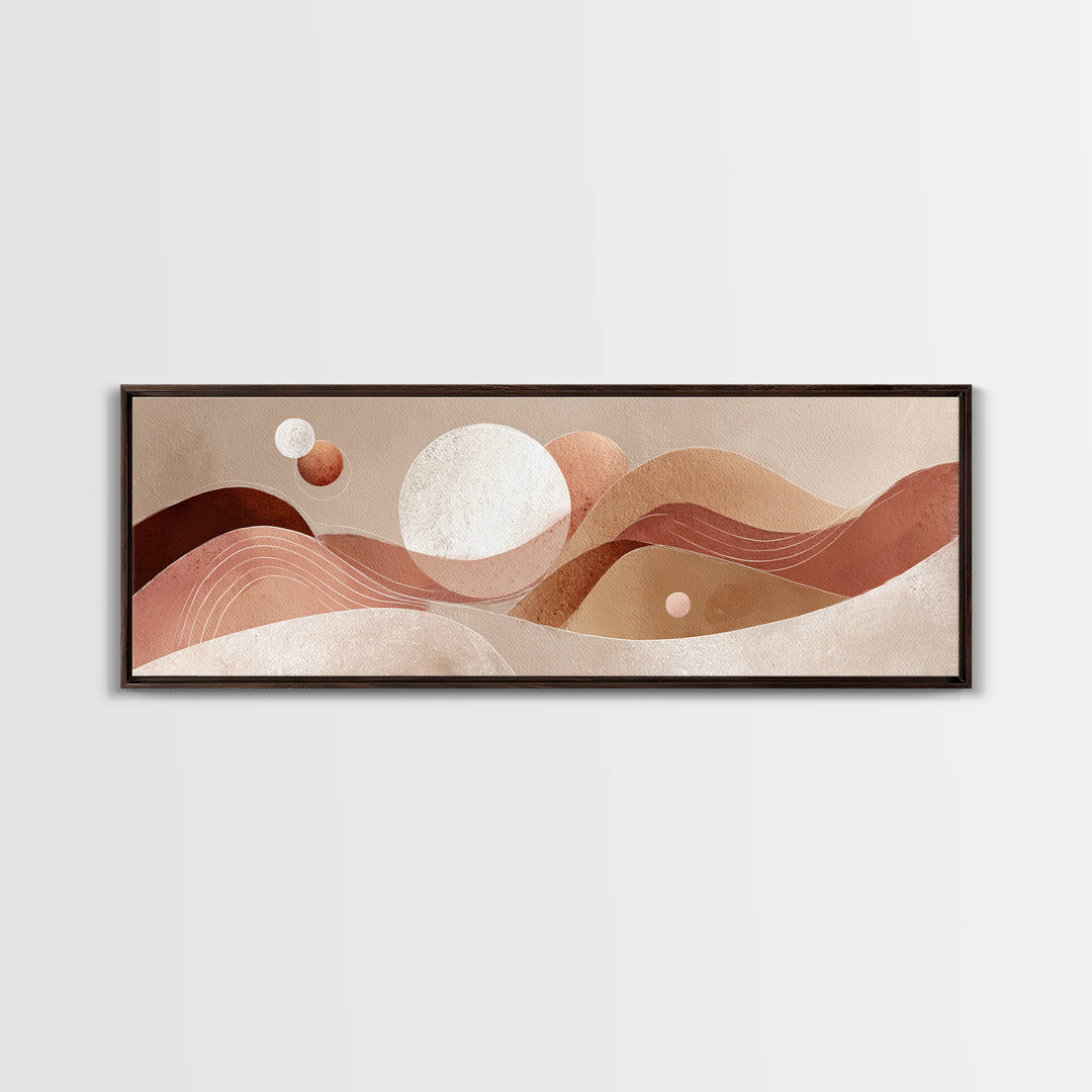 Abstract Terracotta Desert Dunes With Sun And Moons Wall Art, Mid Century Canvas Print, Earth Tone Decor, Modern Boho Art