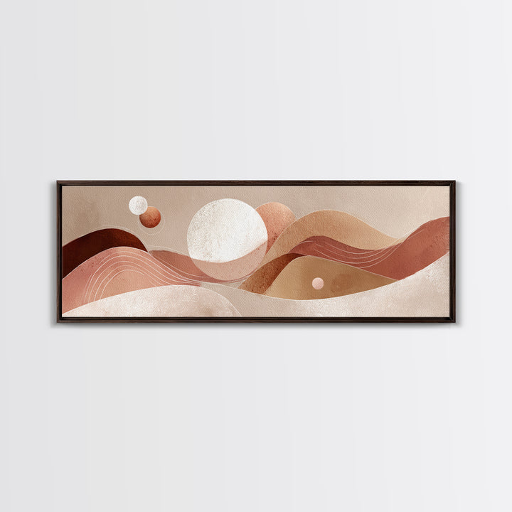 Abstract Terracotta Desert Dunes With Sun And Moons Wall Art, Mid Century Canvas Print, Earth Tone Decor, Modern Boho Art