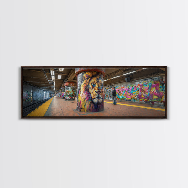 Urban Graffiti Lion Mural Subway Station Wall Art Canvas Print Vibrant Street Art Modern Wall Decor
