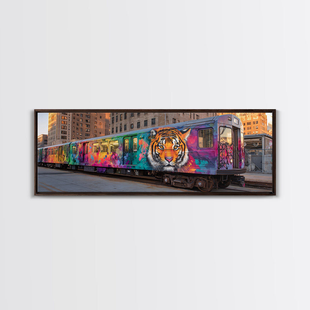 Graffiti Urban Art With Bright Tiger Mural On City Train Vibrant Street Culture Modern Wall Art Canvas Print