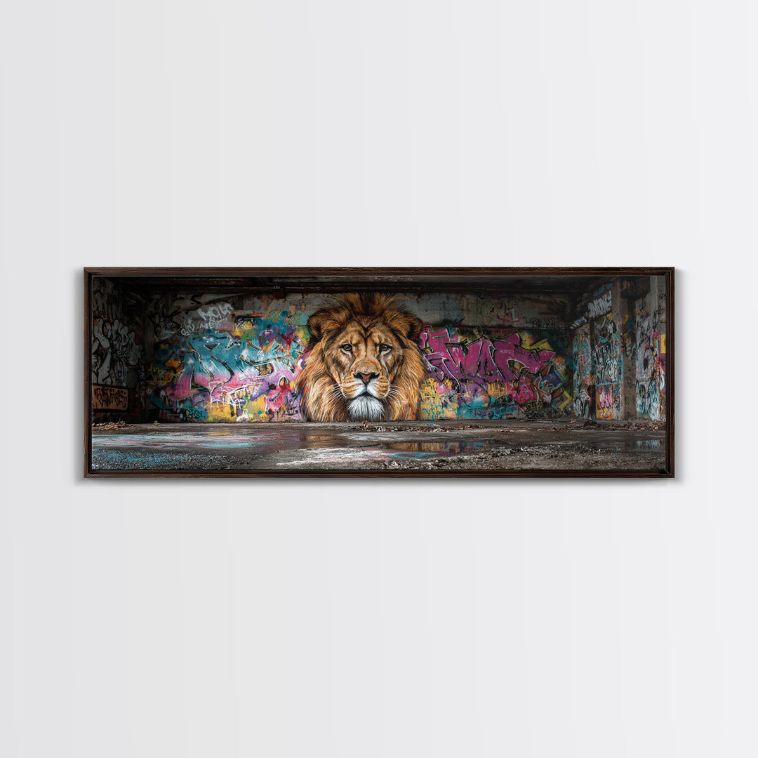 Vibrant Urban Graffiti Lion Mural Canvas Print Capturing Street Art Vibes With Striking Realism And Colorful Background Perfect Large Wall Art Decor