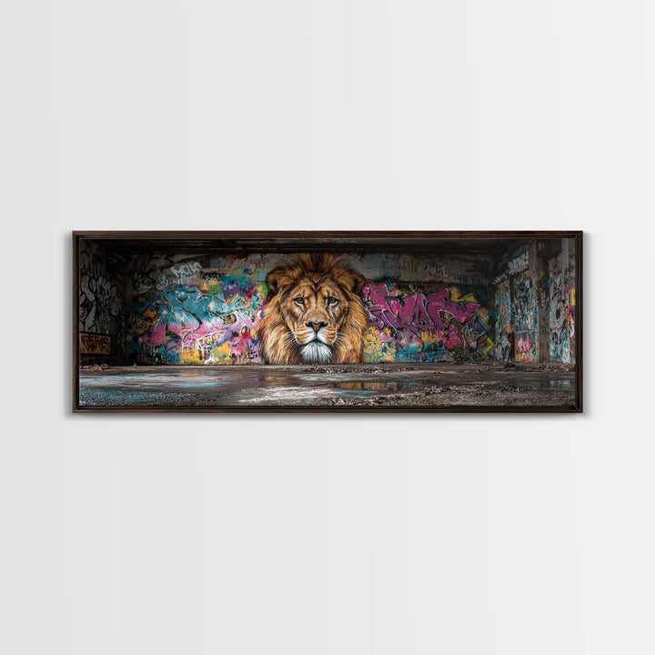 Vibrant Urban Graffiti Lion Mural Canvas Print Capturing Street Art Vibes With Striking Realism And Colorful Background Perfect Large Wall Art Decor