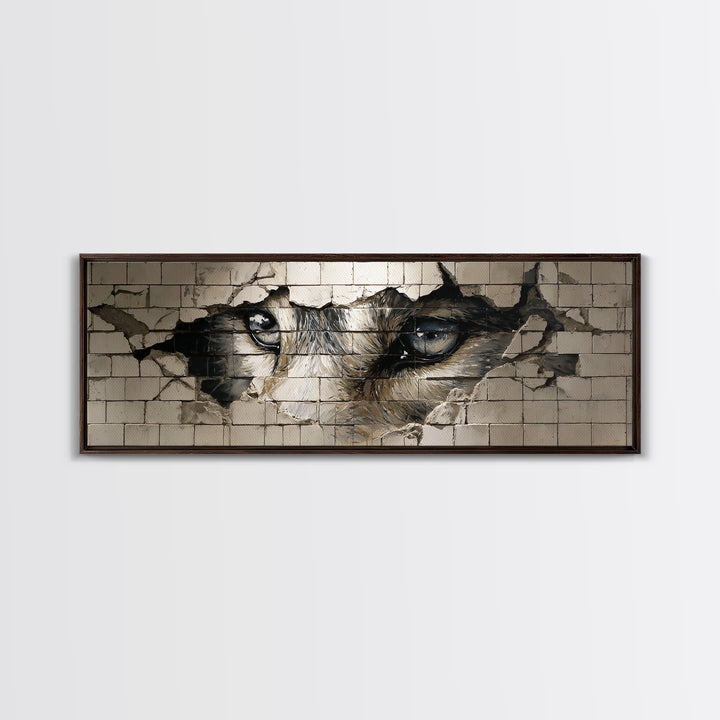 Intriguing Street Art Of Wolf Eyes Peering Through Broken Wall Painted On White Tiles Urban Wall Art Print