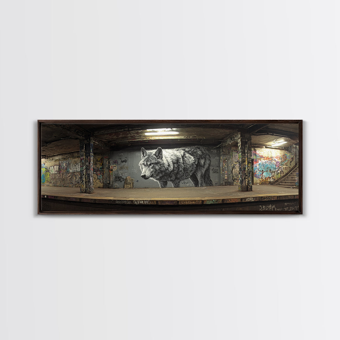 Black And White Urban Wolf Mural In Subways Graffiti Wall Art Print For Contemporary Living Room Decor Canvas Print