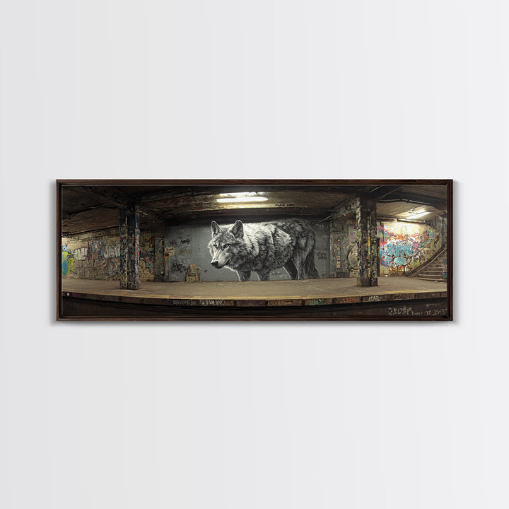 Black And White Urban Wolf Mural In Subways Graffiti Wall Art Print For Contemporary Living Room Decor Canvas Print