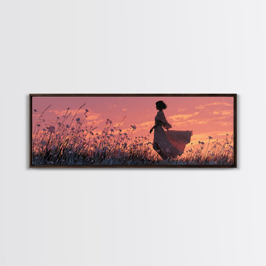 Woman Silhouette In Sunset Wildflower Meadow Canvas Print, Romantic Landscape Wall Art, Boho Bedroom Decor, Gift For Her
