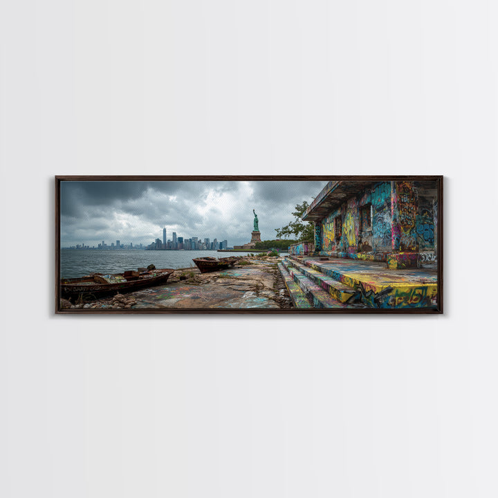 Cityscape With Statue And Graffiti Urban Street Scene Wall Art Framed Canvas Print For Industrial Home Decor And Gift For Him
