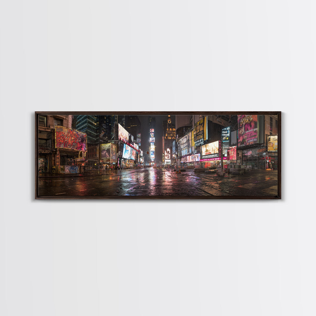 Vibrant Urban Night Scene With Neon Lights And Reflections Cityscape Wall Art Framed Canvas Print For Modern Home Decor