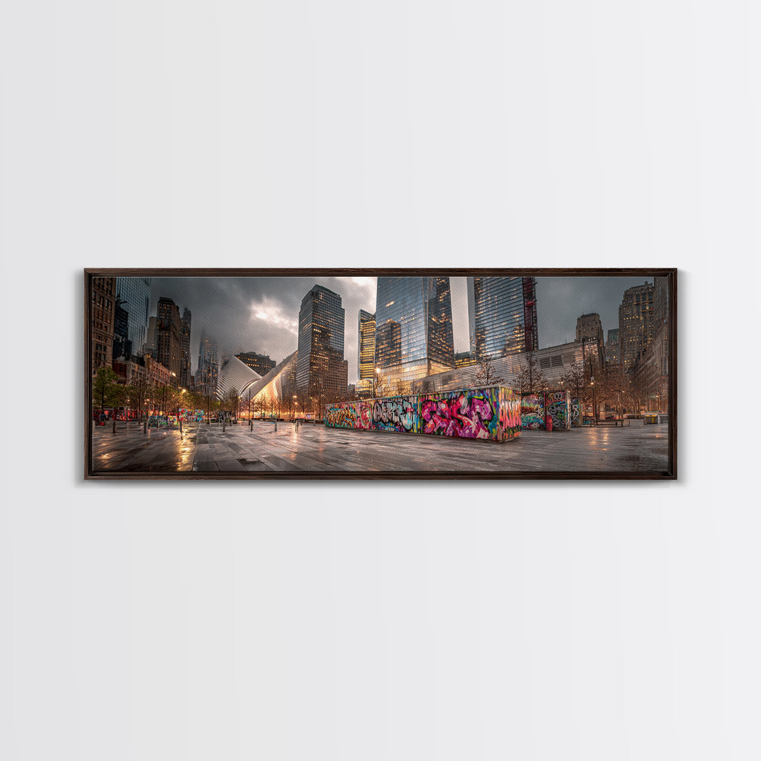 Vibrant Urban Landscape With Graffiti Walls And Reflective Wet Pavement - Modern Wall Art Canvas Print For Loft And City Apartment Decor