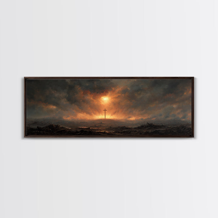 Dramatic Religious Cross Scene In Fiery Sunset Sky Oil Painting Canvas Print For Moody Wall Art And Christian Home Decor