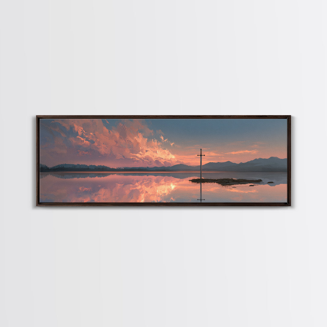 Peaceful Sword In Lake At Sunset Landscape Painting Wall Art Framed Canvas Print Tranquil Nature Scene For Bedroom Or Living Room Neutral Decor