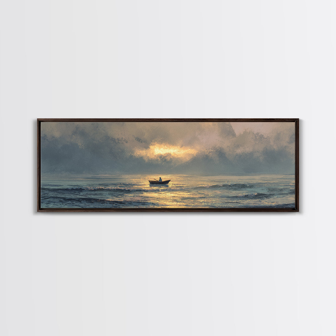 Contemplative Boat At Sea Sunrise Tranquil Ocean Scene Watercolor Style Wall Art Canvas Print Beach Decor