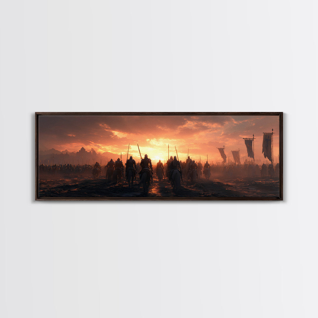 Epic Medieval Battle Scene At Sunset With Armored Knights And Banners Wall Art Framed Canvas Print For Home Decor
