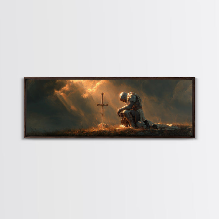Kneeling Knight At Glowing Cross Wall Art, Christian Medieval Warrior Canvas, Prayer Room Decor, Inspirational Gift For Him