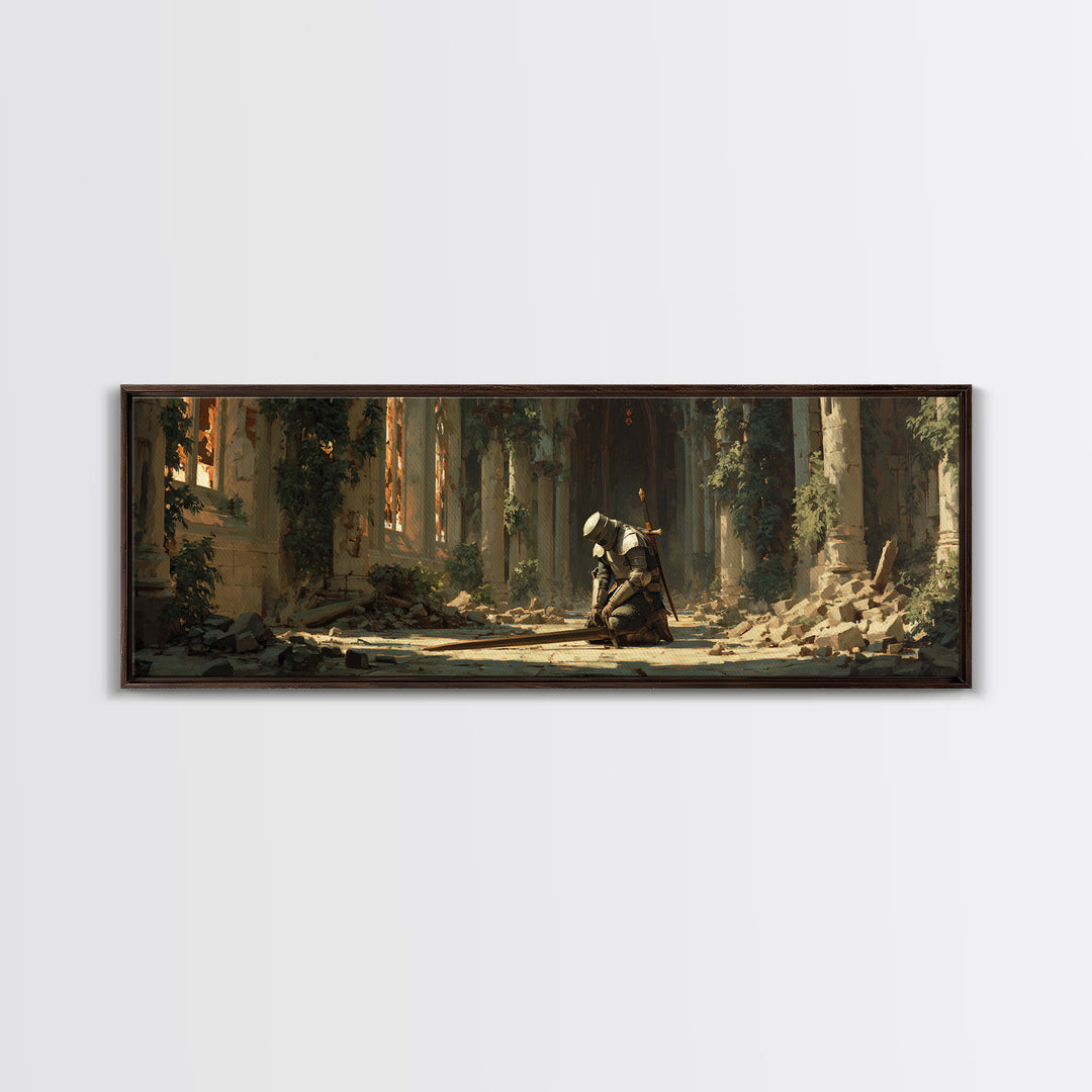 Kneeling Medieval Knight In Ruined Gothic Chapel With Sword Framed Canvas Print Dark Moody Wall Art