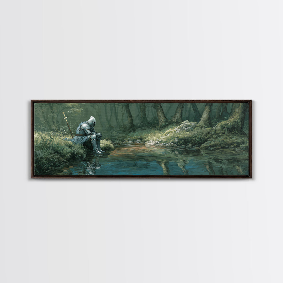 Reflective Knight In Armor Sitting Near Stream Fantasy Wall Art Canvas Print For Living Room Decor