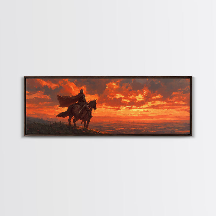 Knight In Armor On Horseback At Dusk Dramatic Sunset Canvas Print With Fiery Sky And Epic Medieval Scene Wall Art For Living Room Decor