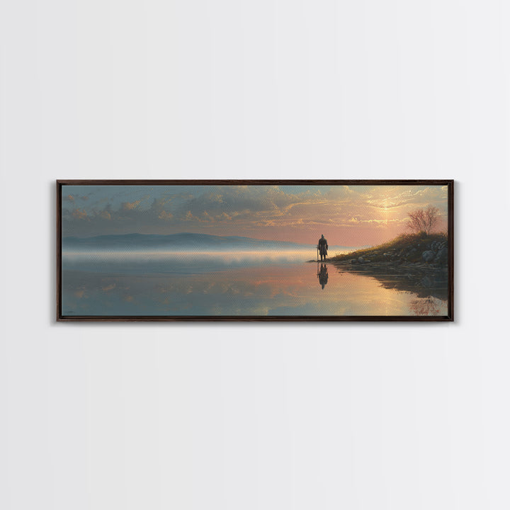 Knight Standing At Lakeside Reflective Water Realistic Landscape Oil Painting Canvas Print