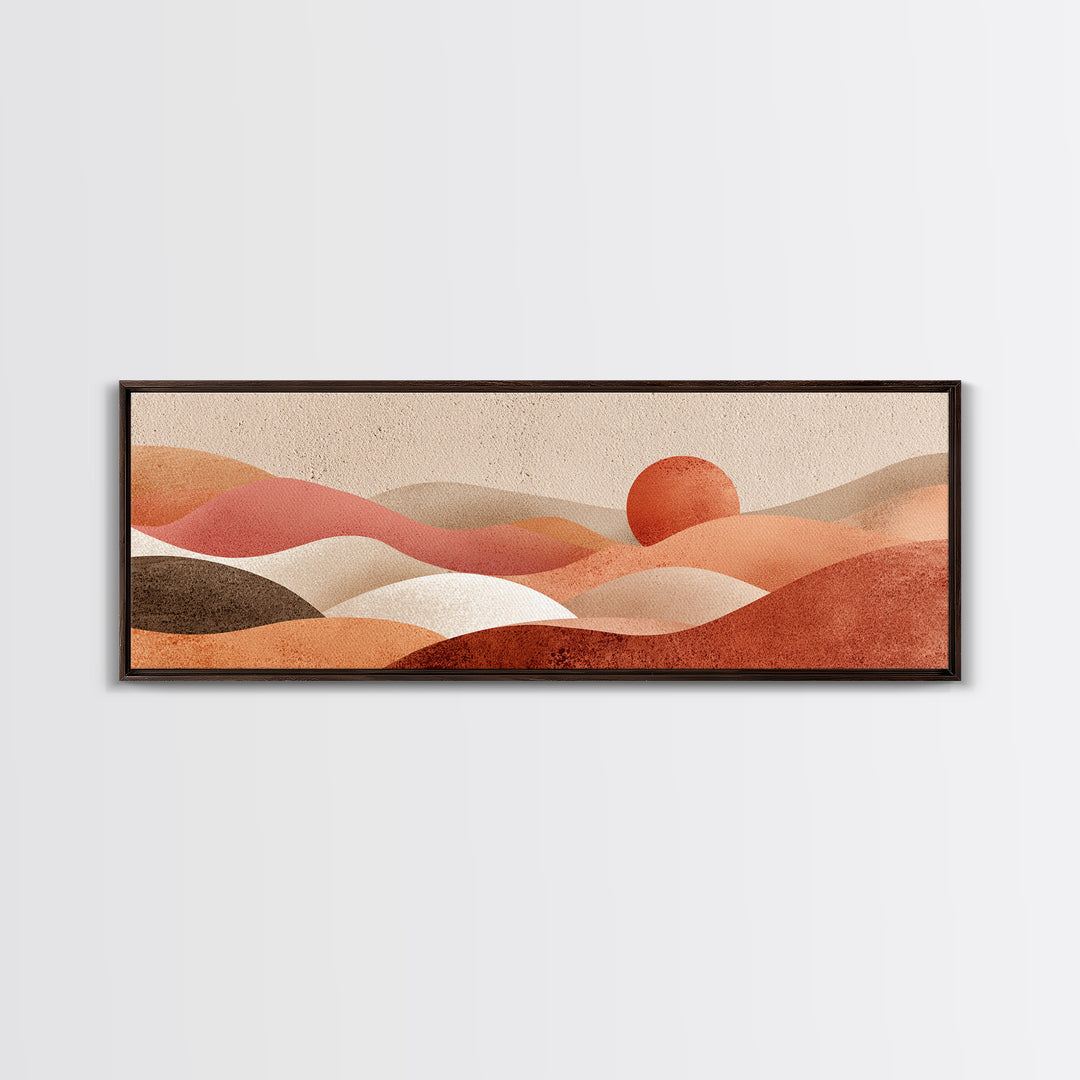 Soft Rolling Hills And Red Sun Wall Art, Abstract Landscape Canvas Print, Earth Tone Decor, Large Horizontal Living Room Art