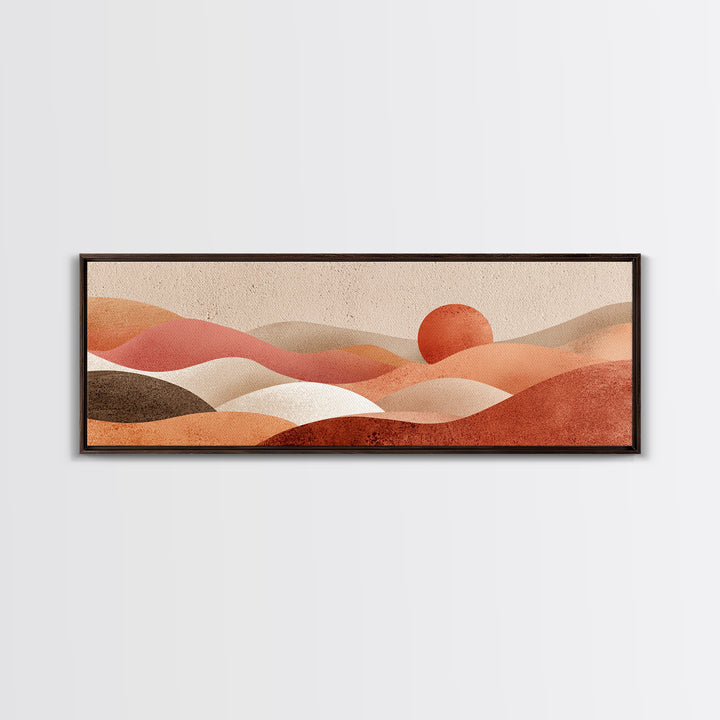 Soft Rolling Hills And Red Sun Wall Art, Abstract Landscape Canvas Print, Earth Tone Decor, Large Horizontal Living Room Art