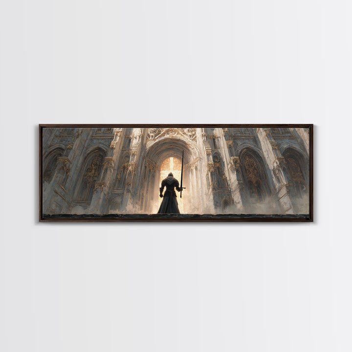 Epic Knight Standing Before Illuminated Cathedral Entrance Wall Art Framed Canvas Print For Dramatic Home Decor Gift