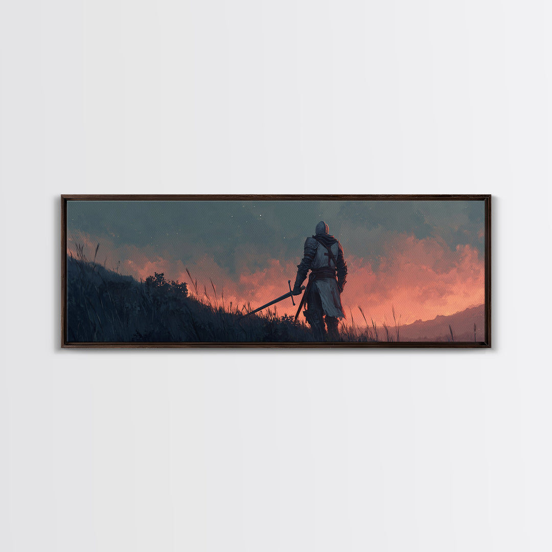 Brave Medieval Knight Staring At Fiery Sunset Holding Sword Canvas Print