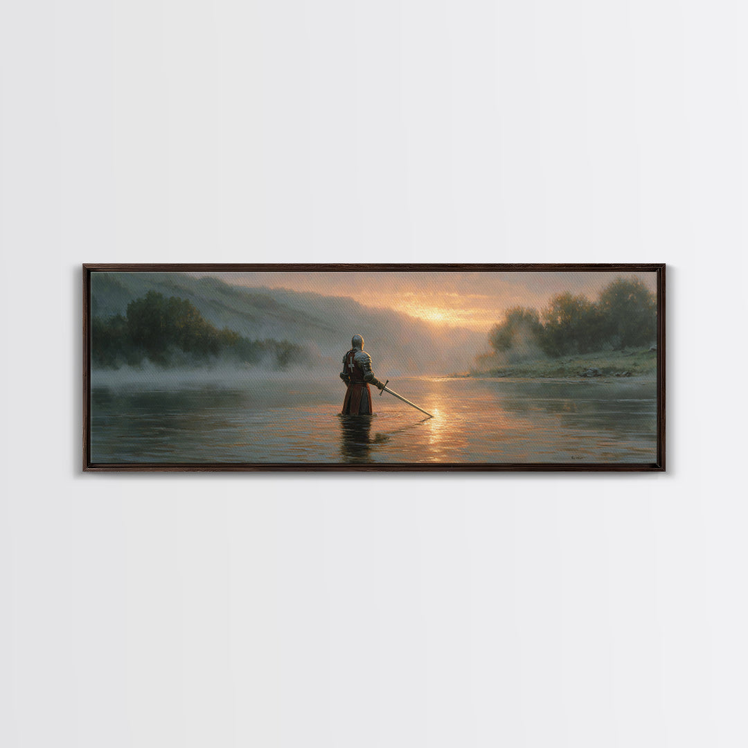 Knight Standing In Misty River At Sunrise With Sword Large Wall Art For Medieval Art Lovers