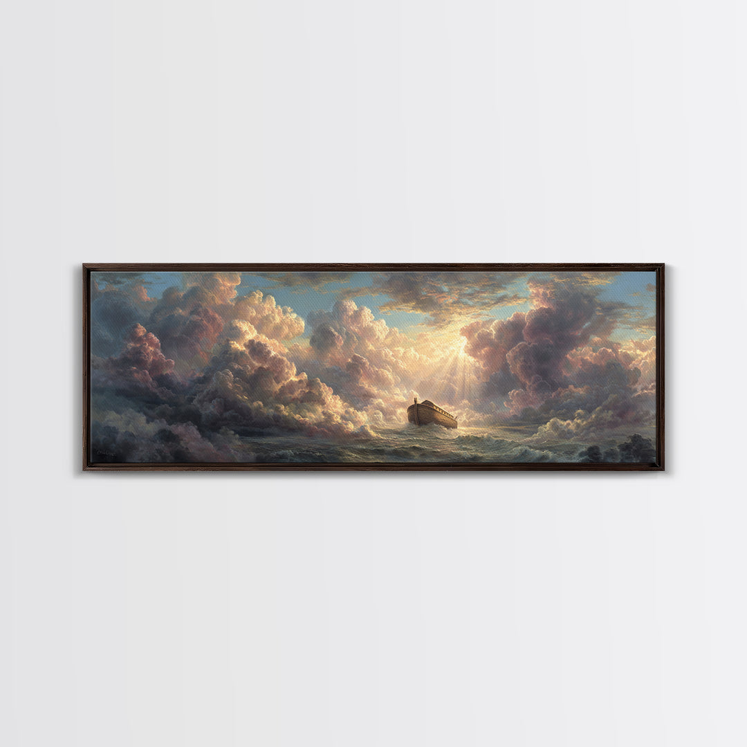 Epic Noah's Ark Floating On Stormy Sea With Divine Light Breaking Through Clouds Canvas Print