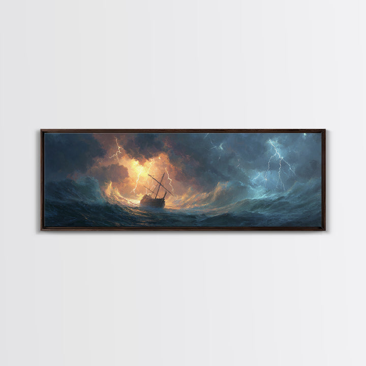 Stormy Ocean Ship In Lightning And Waves Painting Dramatic Seascape Wall Art Framed Canvas Print Perfect For Coastal Living Room Or Nautical Office Decor