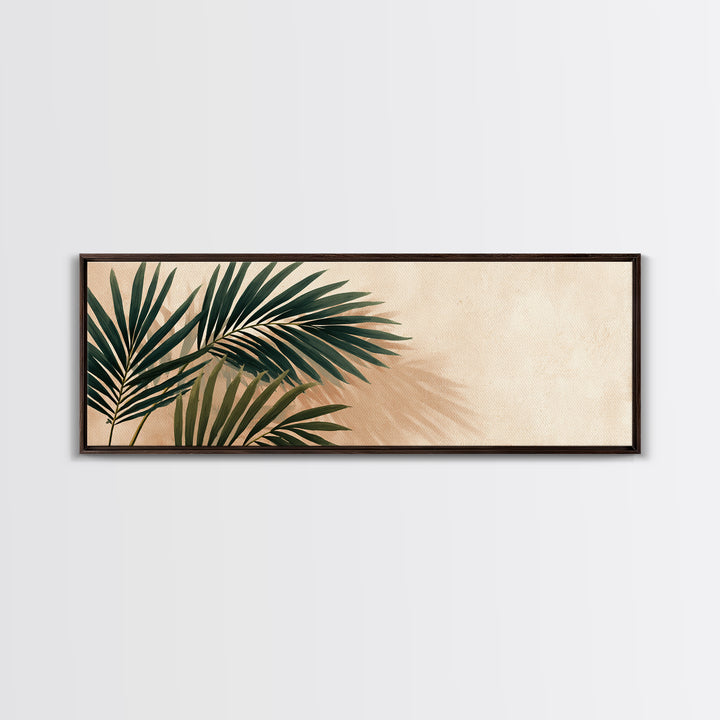 Tropical Palm Leaf Shadows Wall Art, Minimal Botanical Canvas Print, Coastal Boho Home Decor, Neutral Beige Living Room Art