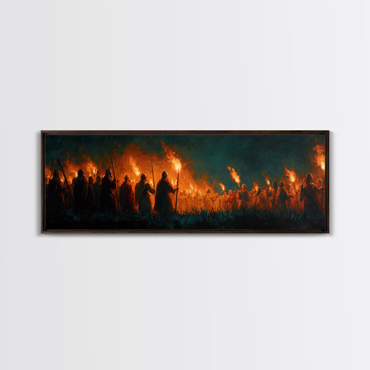 Moody Fiery Torch Lit Night Procession Painting Wall Art Framed Canvas Print For Medieval Dark Romantic And Gothic Decor
