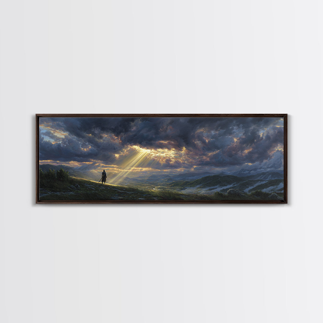 Sunlight Breaking Through Stormy Clouds Over Knight In Vast Landscape Canvas Print Large Wall Art For Moody Home Decor
