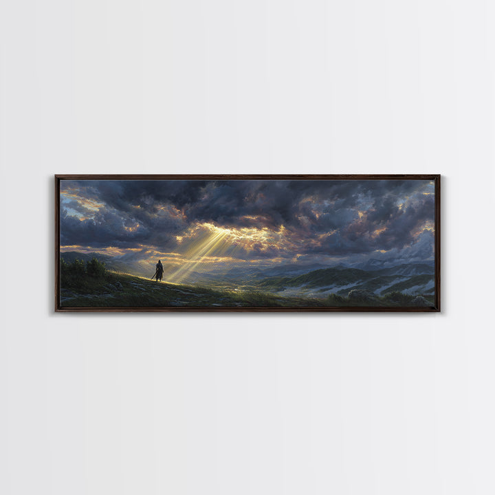 Sunlight Breaking Through Stormy Clouds Over Knight In Vast Landscape Canvas Print Large Wall Art For Moody Home Decor
