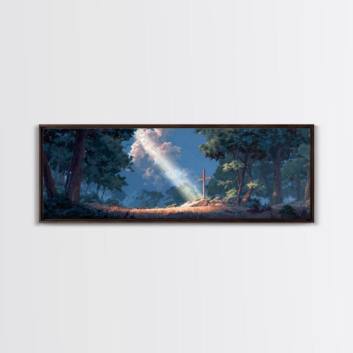 Sun Beam Lighting Cross On Hill With Forest Background Moody Religious Wall Art Canvas Print