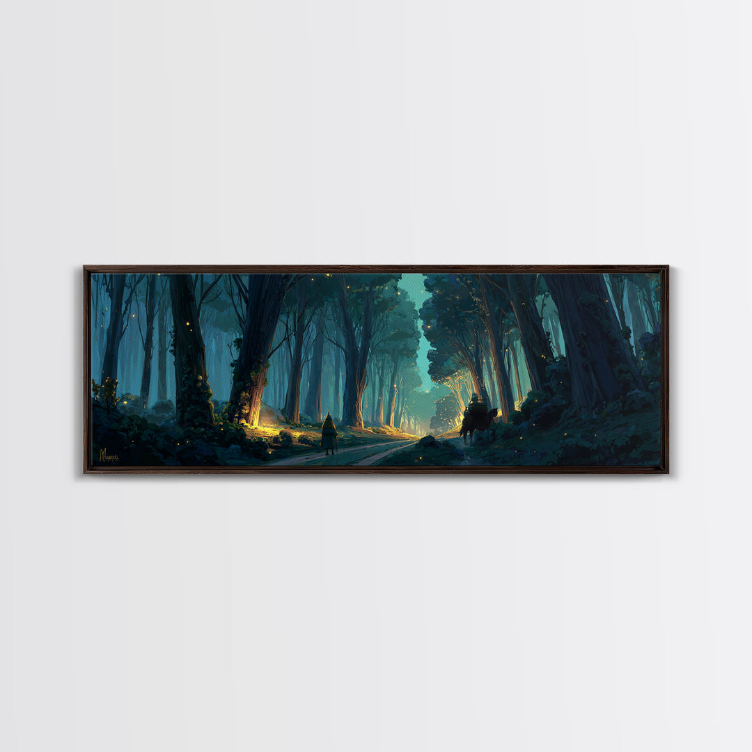 Mystical Enchanted Forest Pathway With Lanterns And Traveler Walking Horse Canvas Print