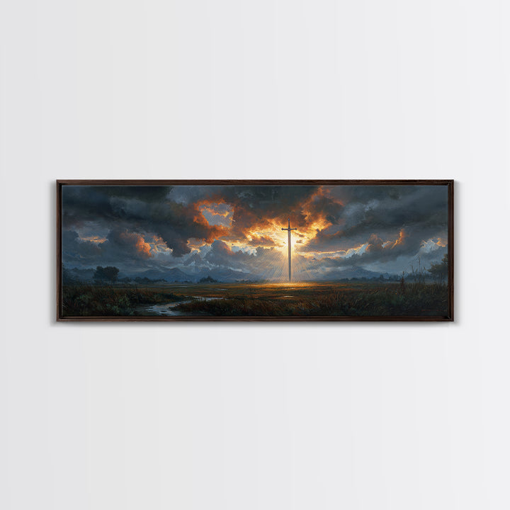 Dramatic Sword Light Rays Landscape Oil Painting Wall Art Framed Canvas Print with Realistic Fantasy Scene for Home and Office